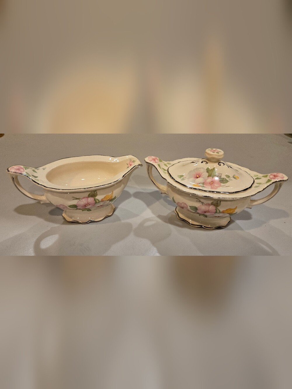 Vintage Edwin M. Knowles Floral Creamer and Sugar Set - Pink Floral Design